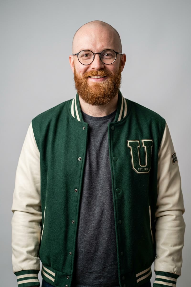 Photo 2: fictional bald man with glasses, a red beard and a green varsity jacket