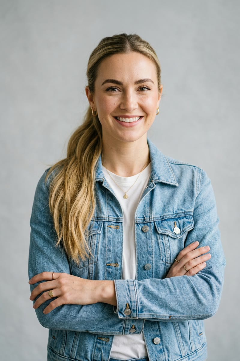 Photo 3: fictional blonde woman in a denim jacket