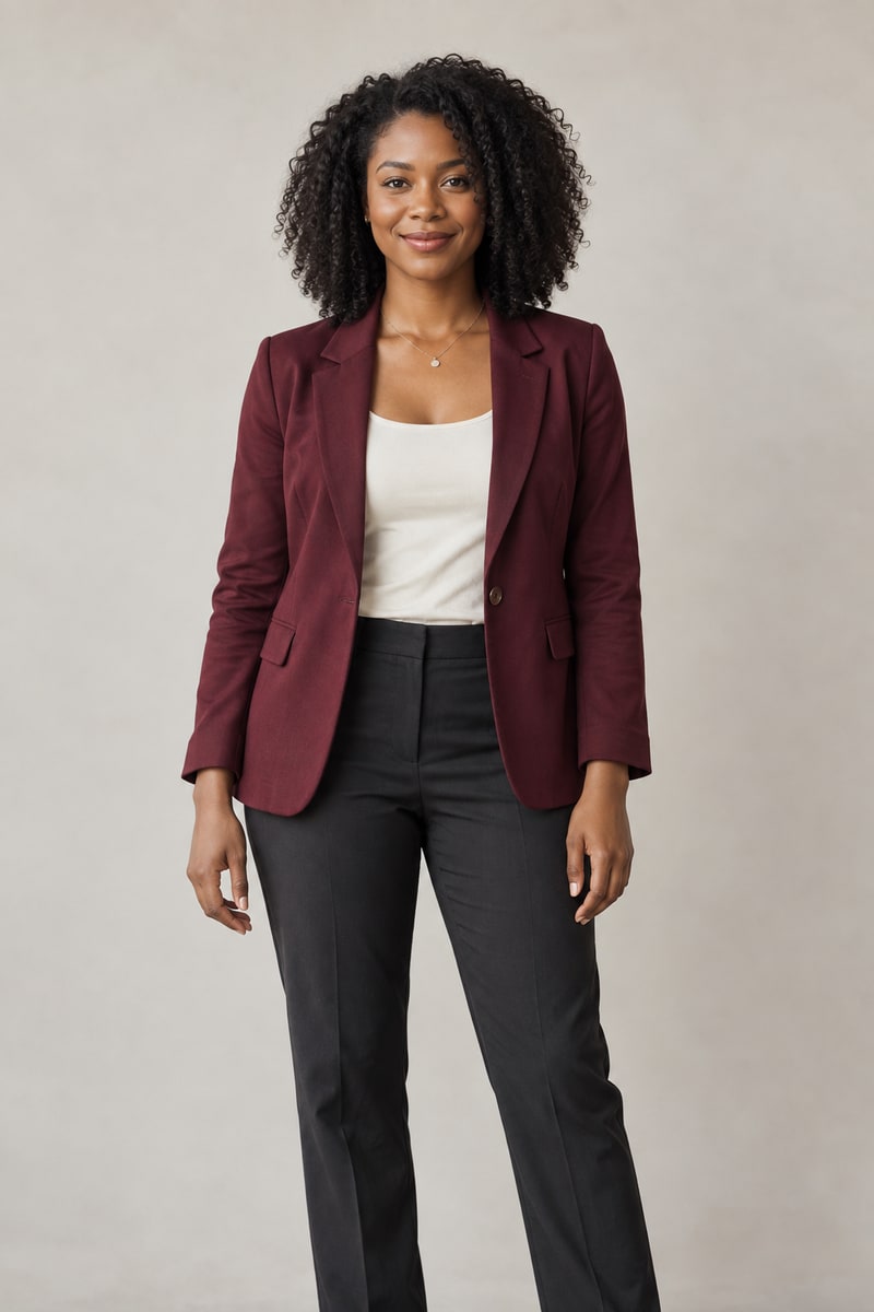 Input photo 2: fictional woman wearing a burgundy jacket